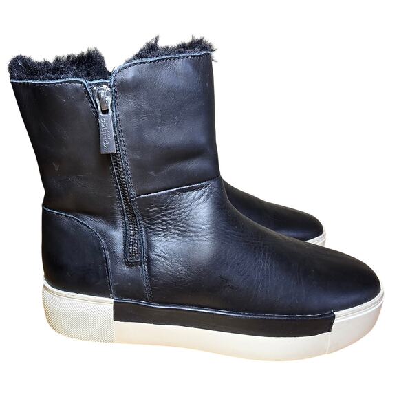 J/Slides NYC Leather Black Boots Platform Faux Fur Double Zip Waterproof 8.5 - Picture 3 of 8